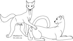 1995 animal_genitalia animal_penis animal_vulva anus balls black_and_white canid canine canine_genitalia canine_penis claws dated erection felid feline feline_genitalia feline_vulva female feral feral_on_feral fur genitals half-erect hand_on_another's_butt hand_on_butt imminent_mounting imminent_sex interspecies lipsticking looking_at_another looking_back looking_back_at_another male male/female mammal monochrome penis sheath simple_background smile standing tail urbanhermit vulva white_background