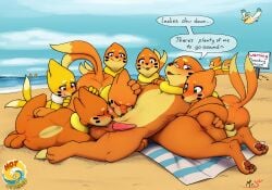 2_tails 3_fingers 3_toes animal_genitalia anthro anthro_on_anthro anus balls band-aid band-aid_on_face band-aid_on_nose bandage bandage_on_face bandage_on_nose beach beach_towel being_watched biped blue_eyes blush buizel butt clitoris cloud day detailed_background dialogue digital_media_(artwork) dipstick_tail english_text erection eyelashes eyes_closed feet female female_anthro fingers flotation_sac fur generation_3_pokemon generation_4_pokemon genitals green_eyes grey_eyes group group_sex harem heart_symbol hi_res intraspecies kai_(mr.smile) licking looking_at_another lying male male/female male_anthro markings mr.smile multi_tail nintendo nude nuzzling open_mouth oral orange_body orange_fur outside outside_sex pawpads pelipper penis pokemon pokemon_(species) pokemorph purple_eyes red_eyes sand sex sex_on_the_beach sheath sheath_lick shiny_pokemon sign signature speech_bubble spots spread_vulva spreading tail tail_markings tan_body tan_fur tapering_penis text toes tongue towel vulva warning_sign water wave whisker_markings yellow_body yellow_fur