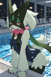 1girl 1girls anthro anthro_only beautiful cat feline female furry furry_female furry_only leaning leaning_forward meowscarada no_sex pokemon pokemon_(species) pool poolside public seductive seductive_look sexy small_breasts solo standing swimsuit wholesome