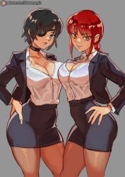 2female 2females 2girls black_hair black_skirt blue_eyes boobs breast_press breasts chainsaw_man choker ears eye_patch grey_background hands himeno_(chainsaw_man) light-skinned_female light_skin looking_at_viewer makima_(chainsaw_man) nails nose office_clothing red_hair ribosoma_42 skirt smile smiling smiling_at_viewer smiling_female tights watermark white_body yellow_eyes