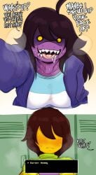 1boy 1girls absurd_res ahoge anthro black_hair blush brown_hair deltarune dialogue drooling english_text eyeless female horny horny_female kris_(deltarune) long_hair looking_at_viewer male naughty_face no_pupils open_mouth outstretched_arm purple_skin saltyxodium sharp_teeth steamy_breath susie_(deltarune) sweat text_box yellow_eyes yellow_skin