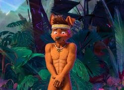1boy 2026 5_fingers abs ai_generated artist_request blush dreamworks edit embarrassed forgotten_island furry furry_only gay male male_only necklace nipples no_visible_genitalia raww_(forgotten_island) screencap solo weredog yaoi