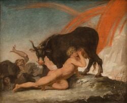 18th_century 2_horns absurd_res ambiguous_gender ambiguous_human ancient_art audhumla balls bovid bovine cattle cloven_hooves detailed_background duo_focus european_mythology feet female female_feral feral genitals group hair hi_res hooves horn human humanoid_feet humanoid_hands male male_human mammal mythology nicolai_abildgaard norse_mythology nude nude_human nude_male oil_painting_(artwork) outside painting_(artwork) plantigrade public_domain quadruped rock standing tail tail_tuft teats traditional_media_(artwork) traditional_painting_(artwork) tuft udder_nursing udders unguligrade ymir