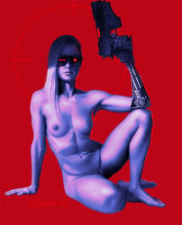 1girls breasts cybernetic_arm cyborg female female_only gun loopydave nipples nude robot robot_girl sunglasses terminator traditional_media_(artwork)