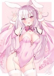 1girl blush breasts bunny_ears bunny_girl bunnysuit detached_collar fishnet_stockings garter_belt hair_ornament hair_ribbon hairband large_breasts long_hair nipples original pink_hair shiono_(0303) stockings straight_hair tied_hair twintails