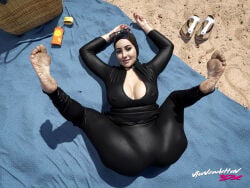 3d 3d_(artwork) beach burkini daz_studio eyeliner feet feet_up glasses hi_res hijab pov realistic sand sibel_(vforvendettav) soles tagme vforvendettav