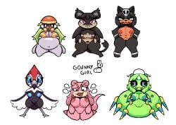 4_legs alolan_form alolan_rattata anthro arachnid arachnid_taur arthropod arthropod_taur black_hair blue_eyes blue_nipples blush digital_media_(artwork) fangs female fur gdunny_girl generation_1_pokemon generation_2_pokemon generation_7_pokemon genitals green_hair grey_body group grubbin hair houndour inverted_nipples mammal multi_limb multicolored_body nintendo nipples open_mouth pikipek pokemon pokemon_(species) pokemorph pubes red_eyes regional_form_(pokemon) slowpoke smile speech_bubble spider spider_taur spinarak tail taur teeth vulva yellow_nipples