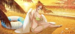 1girl :d bangs bare_shoulders beach beach_towel bikini bleach blurry blurry_foreground blush breasts brown_eyes brown_hair cleavage cloud collarbone depth_of_field floating_hair flower green_bikini hair_flower hair_ornament head_tilt high_ponytail holding innertube inoue_orihime jewelry large_breasts leaf long_hair looking_at_viewer navel ocean open_mouth orange_hair orange_sky original orihime_inoue outdoors palm_tree ponytail sand sandals seashell shell shore side-tie_bikini sidelocks sitting skindentation sky smile solo starfish string_bikini sun sunset swimsuit thigh_strap towel tree water yellow_bikini