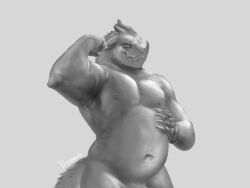 4:3 anthro barazoku belly biceps bronach claws dragon european_mythology flexing flexing_bicep flexing_muscles genitals hi_res horn male monochrome musclegut muscular muscular_anthro muscular_arms muscular_male mythological_creature mythological_scalie mythology navel nipples non-mammal_nipples nude nude_anthro nude_male pecs penis penis_base scalie simple_background solo standing tail western_dragon