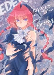 1girls big_breasts black_dress breasts breasts_out dorothy_(marchen_awakens_romance) dress female hand_on_breast hand_on_own_breast large_breasts long_hair marchen_awakens_romance no_bra pink_eyes pink_hair torn_clothes torn_clothing torn_dress