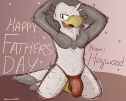 5:4 anthro avian beak bird bulge clothed clothing english_text ferrissimulator hands_behind_head haywood heart_symbol kneeling male multicolored_body narrowed_eyes neck_tuft red_clothing red_underwear seductive solo text thong tuft underwear underwear_only yellow_beak