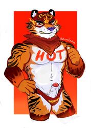 anthro bakkunsfw biceps blue_nose clothing felid flaming_hot_cheetos frosted_flakes fur hi_res kellogg's male male_only mammal mascot pantherine scarf solo tiger tony_the_tiger