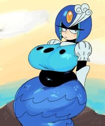 alternate_breast_size_(larger) blue_eyes blue_helmet blue_scales breasts dumbwitchyy elbow_gloves gloves half-closed_eyes helmet highres huge_breasts jewelry light_blush long_eyelashes mega_man mega_man_(classic) merfolk mermaid monster_girl plump puffy_short_sleeves puffy_sleeves robot_girl shirt short_sleeves splash_woman thick_thighs thighs white_gloves white_shirt