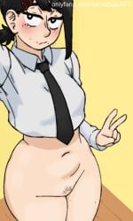 black_eyes black_hair black_necktie blush_lines bottomless breasts chainsaw_man front_view hair_accessory higashiyama_kobeni looking_at_viewer mole mole_on_thigh mole_under_eye mole_under_mouth pubic_hair rottedpaint short_hair tan_skin thick_thighs v_sign white_shirt wide_hips