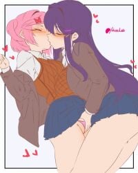 2girls arte_mitzuki blush closed_eyes doki_doki_literature_club eyes_closed female female/female female_only fingering fingering_partner fingering_pussy hearts hearts_around_head kissing lesbian lesbian_kiss long_hair multiple_girls natsuki_(doki_doki_literature_club) pink-haired_female pink_hair purple-haired_female purple_hair school_uniform yuri yuri_(doki_doki_literature_club)
