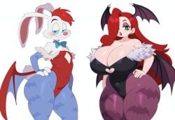 1boy 1boy1girl 1girls bat_print bat_wings big_breasts bottom_heavy breasts capcom cosplay crossover_cosplay darkstalkers disney duo gloves heart_cutout huge_breasts huge_thighs jessica_rabbit leotard lilith_aensland_(cosplay) morrigan_aensland_(cosplay) pantyhose red_hair roger_rabbit smile thick_thighs thunder_thighs touchstone white_background who_framed_roger_rabbit wide_hips