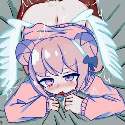 1boy 1girls ass blush creampie cum cum_inside dadadada_tenshi_(nanawo_akari) datenshi-chan_(nanawo_akari) doggy_style female from_behind nanawo_akari penetration pink_hair sex_from_behind voifoooork wings
