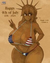 1girls 2020s 2025 2d 2d_(artwork) 4th_of_july alternate_version_available alvarikokearte american_flag_bikini areola_slip areolae big_breasts bikini bikini_bottom bikini_top breasts female female_only fine_art_parody flag_bikini holidays lady_liberty png solo statue_of_liberty thick_thighs