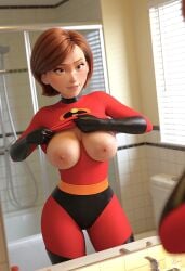 ai_generated breasts breasts_out helen_parr latex_bodysuit latex_gloves mirror_reflection nipples no_bra the_incredibles thighs