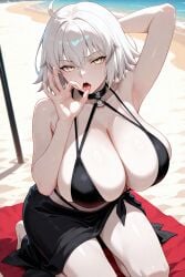 ai_generated beach black_bikini fate/grand_order fate_(series) jeanne_alter jeanne_d'arc_(fate) kneeling sarong sling_bikini tagme white_hair