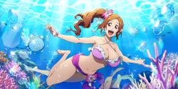 1girl :d air_bubble barefoot bikini bleach bracelet breasts brown_eyes brown_hair bubble cleavage coral criss-cross_halter earrings fish flower freediving game_cg hair_flower hair_ornament halterneck inoue_orihime jewelry large_breasts long_hair looking_at_viewer navel ocean official_art open_mouth orihime_inoue ponytail purple_bikini sarong shell side_ponytail smile solo sunlight swimming swimsuit underwater