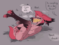 alastor_(hazbin_hotel) anus anus_peek black_hair closed_eyes cuntboy cuntboy_only demon dialog dialogue fingering fingering_pussy fingering_self fingers fur furry_ears furry_tail hair hand_on_ass hazbin_hotel hooves humanoid in_heat intersex male male_only masturbating masturbation onomatopoeia pussy pussy_juice pussy_juice_drip red_hair smile smiling solo solo_male tagme tail two-tone_hair wet wet_pussy