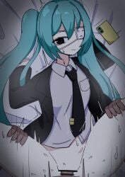 1boy 1girls blue_hair bottomless eyepatch female gripping_sheets hatsune_miku monitoring_(vocaloid) penetration penis sex sheet_grab twintails vocaloid voifoooork