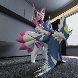 1:1 3d_(artwork) absurd_res ambiguous_gender avian balls bird birthmark blender_(artwork) blue_body burtrevolution burtrevolution_(burtrevolution) canid canine digital_media_(artwork) dominant dragon duo fleshlight_position fox from_behind_position fur fur_markings genitals hair hi_res hip_grab huge_filesize larger_dom male male/ambiguous mammal markings multi_tail mythological_creature mythological_scalie mythology penetration pink_body pink_fur pink_hair purple_body purple_fur scalie sex size_difference smile smiling_at_another swaria_(species) tail white_body white_fur white_hair wings