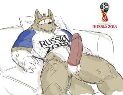 anthro athletic balls barazoku big_penis bottomless bottomless_anthro bottomless_male canid canine canis citrusification clothed clothing clothing_lift ears_up erection eyewear fifa fur furniture genitals glasses half_naked hi_res humanoid_genitalia humanoid_penis male mammal mascot multicolored_body multicolored_fur muscular muscular_anthro muscular_male penis pillow presenting presenting_penis red_penis relaxed_expression shirt shirt_lift simple_background sofa solo tan_body tan_fur topwear two_tone_body two_tone_fur white_balls white_body white_fur wolf zabivaka