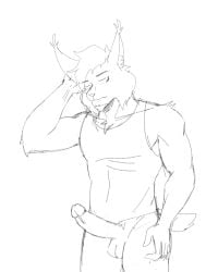 4:5 absurd_res anthro felid feline femboy gay genitals hi_res homosexual homosexual_male humanoid_genitalia humanoid_penis konro long_penis lynx male male/male male_focus male_only male_penetrating mammal monochrome penis solo standing