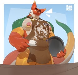 2026 absurd_res anthro apron apron_only areola artist_name auron_ardere barazoku barista beverage big_areola big_nipples brown_apron brown_clothing claws clothing coffee coffee_mug dragon facial_horn facial_spikes finger_claws furniture gloves_(marking) green_body green_scales hair hi_res holding_tray horn long_ears long_hair low-angle_view makebork male markings multicolored_body multicolored_scales muscular muscular_anthro muscular_male muscular_thighs mythological_creature mythological_scalie mythology nipple_piercing nipple_ring nipples nose_horn orange_body orange_scales piercing ring_piercing scales scalie serving_beverage serving_tray solo spikes spikes_(anatomy) steam table text vein veiny_muscles white_body white_scales yellow_body yellow_scales
