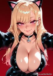 1girl 2026 ai_generated animal_ears anime areola_slip bangs black_bodysuit blonde_hair blush bodysuit boobs breasts cat_ears choker cleavage collarbone covered_nipples crossover ear_piercing earrings eye_contact fake_animal_ears female female_focus flushed highres huge_breasts jewelry kitagawa_marin large_breasts lips long_hair looking_at_viewer marin_kitagawa my_dress_up_darling nsfw patreon piercing pink_eyes red_background rognezart shiny shiny_skin smile smiling solo sono_bisque_doll_wa_koi_wo_suru very_long_hair