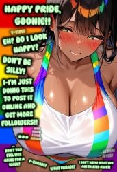 ai_generated bikini_under_clothes black_hair blush caption cleavage cleavage_overflow dark_skin embarrassed gdala_fia gdala_fia_(series) gdalafia green_eyes huge_breasts lgbt_pride looking_at_viewer pride_colors text