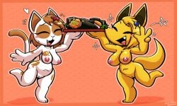 2026 4_fingers 5:3 accessory anthro big_breasts big_butt black_inner_ear blush bodily_fluids breasts brown_body brown_fur brown_hair butt canid canine carina_(felino) chibi christie_(felino) domestic_cat duo eyes_closed felid feline felino felis female fingers food fox fur genitals gesture hair hair_accessory hand_gesture hi_res mammal medium_breasts nipples on_one_leg orange_background pink_nipples pose sibling_(lore) simple_background sister_(lore) sisters_(lore) smile sparkles standing sushi sweat sweatdrop thick_thighs v_sign vulva white_body white_fur