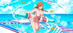 1girl bare_shoulders bikini bleach braid breasts brown_eyes brown_hair cleavage cloud collarbone day flower frilled_bikini frills groin hair_ornament holding inoue_orihime large_breasts long_hair looking_at_viewer navel ocean official_art orange_hair orihime_inoue outdoors pink_bikini running shell single_braid sky smile solo standing standing_on_one_leg swimsuit upscaled water water_gun white_bikini