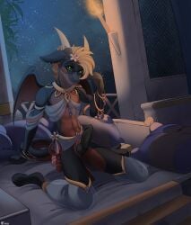 absurd_res animal_genitalia anthro clothed clothing conrie crossdressing dragon erection femboy feminine genital_slit genitals harem_outfit hi_res jewelry lingerie male mostly_nude mythological_creature mythological_scalie mythology night penis pillow scalie sitting sky submissive submissive_male wings