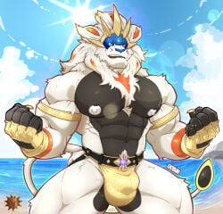 2026 abs action_pose anthro anthrofied areola barazoku biceps big_bulge big_muscles big_pecs biped blue_body blue_eyes blue_skin bottomwear bulge character_request clothed clothing deltoids detailed_background detailed_bulge digital_drawing_(artwork) digital_media_(artwork) fan_character felid fingerless_gloves fist front_view generation_7_pokemon gloves grin handwear hi_res humanoid_hands jockstrap legendary_pokemon lion male male_anthro mammal mega_stone monotone_clothing monotone_gloves monotone_handwear multicolored_body multicolored_jockstrap muscular muscular_anthro muscular_arms muscular_male muscular_thighs navel nintendo nipple_dip nipples obliques outside pantherine pecs piercing pokemon pokemon_(species) pose quads sea seaside serratus sky smile solgaleo solo sparkles sparkling_clothing sparkling_underwear standing stocky swimming_in_underwear swimwear topless trapezius triceps underwear uobih water wet wet_body white_nipples yellow_clothing yellow_jockstrap yellow_underwear