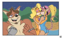 2girls anthro ashesg ass bikini blonde_hair breast_press breasts crash_(series) crunch_bandicoot female furry furry_female furry_male kissing pasadena_o'possum pool swimsuit tawna_bandicoot yuri