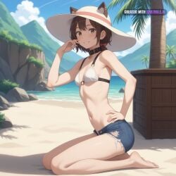 1_girl 1girl adult ai_assisted ai_generated beach blush brown_eyes brown_hair collar ear_piercing from_side hand_on_own_hip hand_on_penis leaning_back looking_at_viewer naked nude on_knees outdoors palm_tree parted_lips penis rezero sea sexually_suggestive shade small_penis smile source_anime sun_hat sunny sweat transgender view_from_behind white_background white_bikini_top