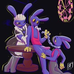 1:1 chain clothing dress glitch_productions group hi_res humanoid intersex intersex/male jax_(tadc) lagomorph leporid maid_uniform male male/male mammal rabbit rfantasy_art sitting solo suggestive the_amazing_digital_circus trio uniform