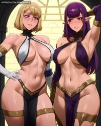 2girls abs ai_generated arm_behind_head arm_up armpits bare_shoulders blonde_hair breasts breasts_apart cha_hae_in covered_nipples cowboy_shot curvy dandanhub earrings elbow_gloves elf esil_radiru facial_mark gloves halterneck hand_on_own_hip jewelry large_breasts loincloth long_hair looking_at_another multiple_girls navel parted_lips pelvic_curtain pointy_ears purple_eyes purple_hair red_eyes revealing_clothes short_hair sideboob smile solo_leveling standing stomach sweat thick_thighs thighlet thighs toned white_gloves wide_hips