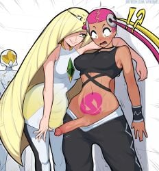 2girls afrobull blonde_hair blushing crop_top dick_out dress_lift futanari green_eyes imminent_sex lesbian long_hair lusamine_(pokemon) nintendo patreon pink_hair plumeria_(pokemon) pokemon pokemon_sm yellow_eyes yellow_hair