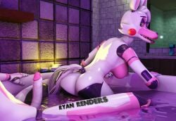 3d_(artwork) animatronic anthro bath bathing bathtub big_breasts binocszoomx10 blender_(artwork) blender_cycles_(artwork) breasts butt canid canine digital_media_(artwork) duo erection fan_character female fingers five_nights_at_freddy's five_nights_at_freddy's_2 fox genitals hair hi_res humanoid_genitalia intraspecies machine male male/female mammal mangle_(fnaf) nipples nude open_mouth partially_submerged penis remake robot scottgames smile water wet widescreen