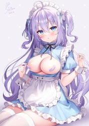 1girl areola_slip bandaid bandaids_on_nipples blush breasts breasts_out hair_ornament hair_ribbon hairband highres large_breasts long_hair maid maid_apron maid_headdress maid_outfit maid_uniform nipple_slip nipples open_clothes open_shirt original purple_hair shiono_(0303) stockings straight_hair thighhighs tied_hair twintails