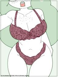 braces freckles glasses glasses_girl green_hair hazel_(rebecca_doodles) huge_breasts lingerie smug voidovoiderino