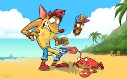 2026 aku_aku armpit_hair balls beach clenched_teeth crab crash_(series) crash_bandicoot crate day domidark fingerless_gloves flaccid footwear foreskin furry furry_only gay green_eyes island male male_only nipples orange_fur outdoors palm_tree penis puffy_nipples shortstack surprised tan_fur tiki tiki_mask torn_clothes torn_shorts two-tone_fur video_games wumpa_fruit wumpa_island yaoi