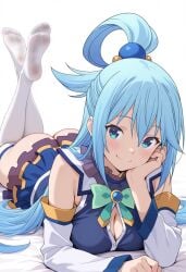 1girl ai_generated aqua_(konosuba) ass ass_focus bare_ass bare_legs bed blue_dress blue_eyes blue_hair dirty_socks dress female goddess huge_ass isekai kadokawa_corporation kadokawa_shoten kono_subarashii_sekai_ni_shukufuku_wo! legs legs_up long_hair lyng on_bed on_stomach ponytail seductive sexy sexy_body sexy_pose skirt sleeveless_dress smile sniffable_ass socks studio_deen white_socks young young_female
