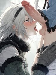2d ahe_gao ahegao ai_generated alternate_version_at_source alternate_version_available balls ballsack bandage bandaged_arm bandages bangs_over_eyes bangs_over_one_eye blowjob blue_eyes blush bulge clothed clothed_blowjob dominant_female dominant_futa dress dress_lift fellatio female femdom flower flower_in_hair fur_trim futa_focus futadom futanari garter_belt gloves gray_hair grey_hair hair_between_eyes hairband hi_res high_resolution highres holding_leg huge_cock intersex intersex/male kaine_(nier) large_penis lingerie looking_at_penis looking_up_at_partner male male/female male_sub nier nier_(character) nier_(series) nier_replicant panties panty_bulge penis penis_awe penis_on_face penis_on_head pink_penis skirt_lift straight submissive_male sucking_dick sucking_penis testicles thighs through_clothes through_panties tongue_out underwear veiny veiny_penis visible_breath white_hair