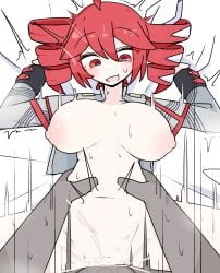 1boy 1girls big_breasts blush breasts female gripping_sheets kasane_teto nipples penetration red_eyes red_hair sex sheet_grab sweat synthesizer_v voifoooork