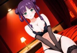 1girls bed bedroom blush castlevania castlevania:_portrait_of_ruin double_bun drill_hair drill_sidelocks female female_only green_eyes hime_cut large_breasts sitting sitting_on_bed stella_lecarde thick_thighs thighhighs thighs